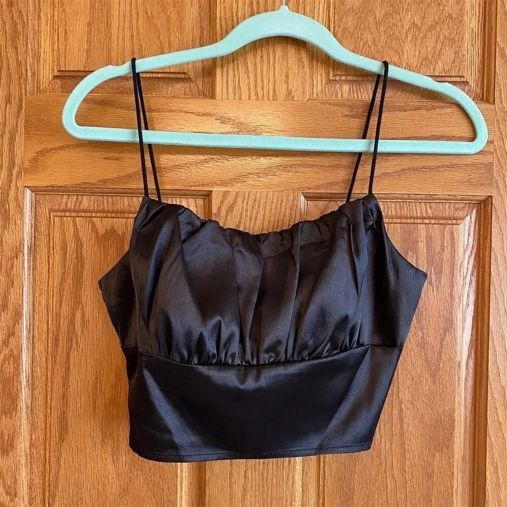 Shein Women's Black Satin Cropped Tank Top Size M Square Neck Sleeveless